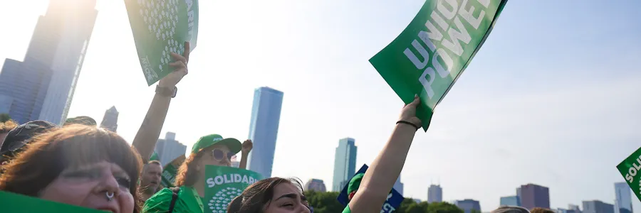 AFSCME members rally at an event outside Shedd Aquarium in Chicago.